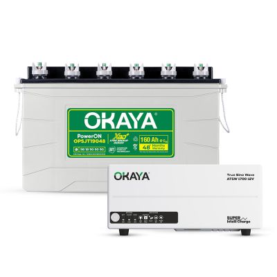 Okaya Advanced True Sine Wave Inverter (ATSW 1700 12V - 1450VA) & XBD+ Certified SJT Battery (OPSJT19048 160Ah/12V) Combo | Complete Power Pair For Home, Office & Shops