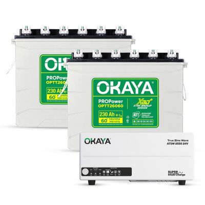 Okaya Power Pair | Advanced Inverter & Battery Combo | ATSW 2550 24V UPS/Inverter (2000VA) & 2× XBD+ Certified Tall Tubular Battery (OPTT26060 230Ah/12V) | For Home, Office & Shops