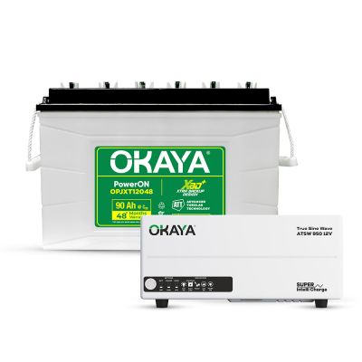Okaya Advanced True Sine Wave Inverter (ATSW 950 12V - 700VA) & XBD+ Certified JXT Battery (OPJXT12048 90Ah/12V) Combo | Complete Power Pair For Home, Office & Shops