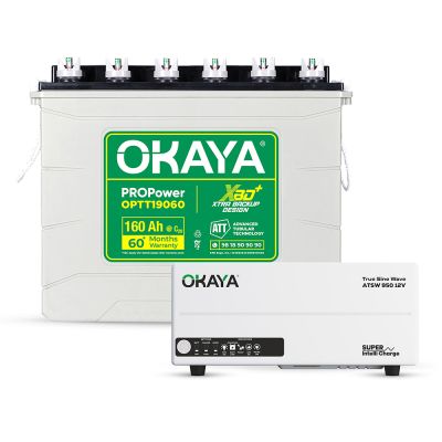 Okaya Advanced True Sine Wave Inverter (ATSW 950 12V - 700VA) & XBD+ Certified Tall Tubular Battery (OPTT19060 160Ah/12V) Combo | Complete Power Pair For Home, Office & Shops