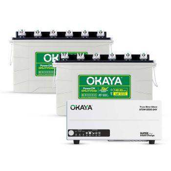 Okaya Power Pair | Advanced Inverter & Battery Combo | ATSW 2550 24V UPS/Inverter (2000VA) & 2× XBD+ Certified SJT Battery (OPSJT17048 140Ah/12V) | For Home, Office & Shops