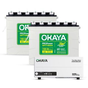 Okaya Power Pair | Advanced Inverter & Battery Combo | ATSW 2550 24V UPS/Inverter (2000VA) & 2× XBD+ Certified Tall Tubular Battery (OPTT19054 160Ah/12V) | For Home, Office & Shops